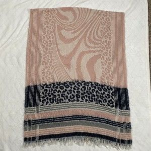 Shawl Scarf Wrap Wool Blend Pink Cheetah Print Blue Stripes Fringe Mixed Media